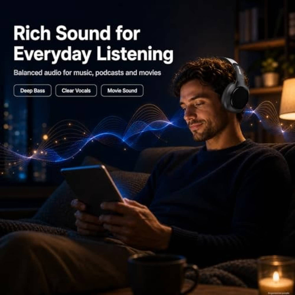 Black over-ear wireless noise cancelling headphones worn by a person, seated