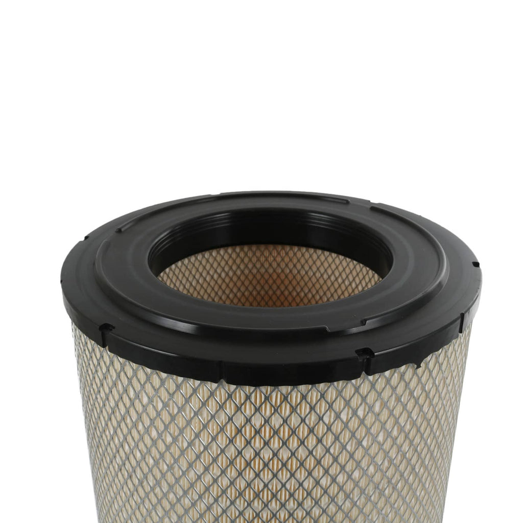 Top view of cylindrical engine air filter with black rim and white pleated media