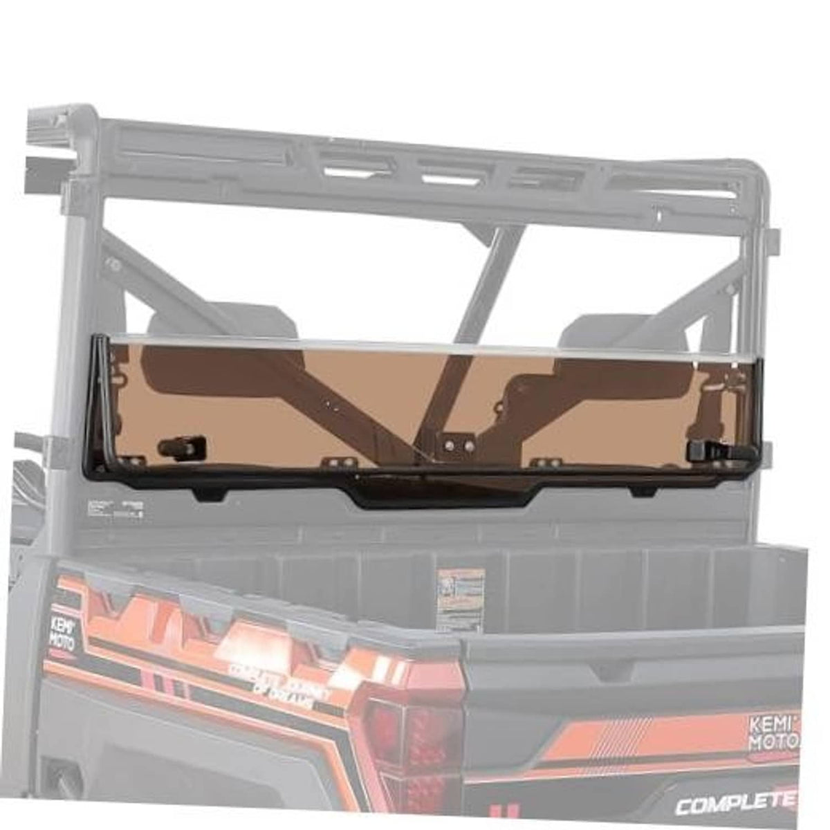 Foldable tinted rear window panel with vented frame and brown insert