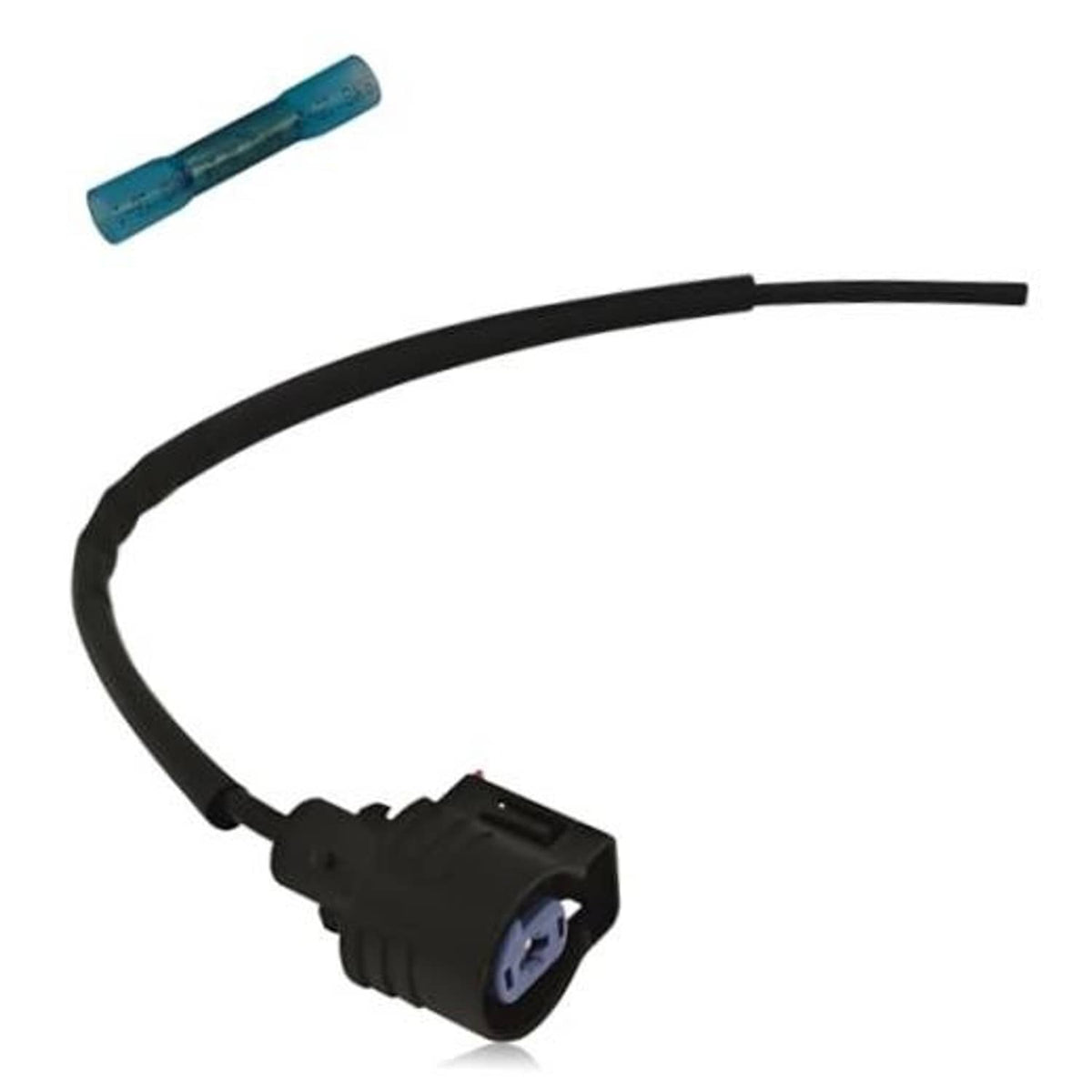 Starter pigtail electrical connector plug with black wiring and blue 2-pin insert