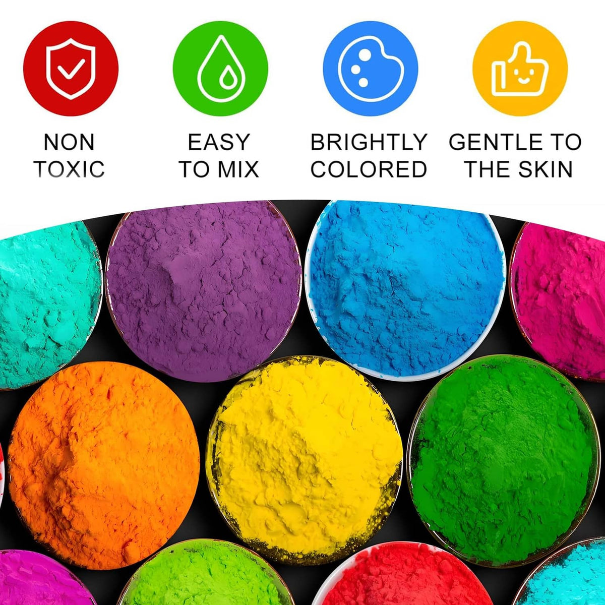 Color pigment powder circles: teal, purple, blue, orange, yellow, and green
