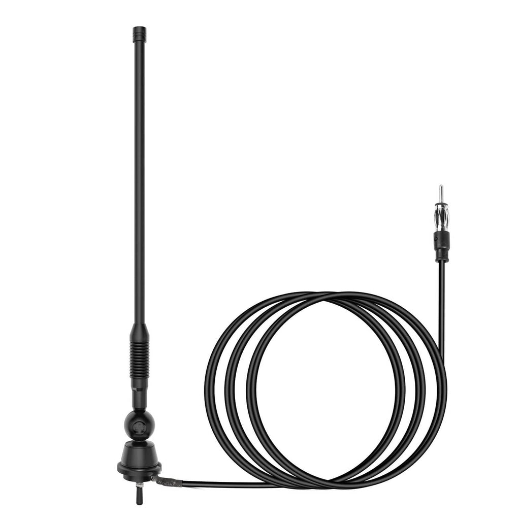 Marine AM/FM antenna with coiled black wire and screw-mount base