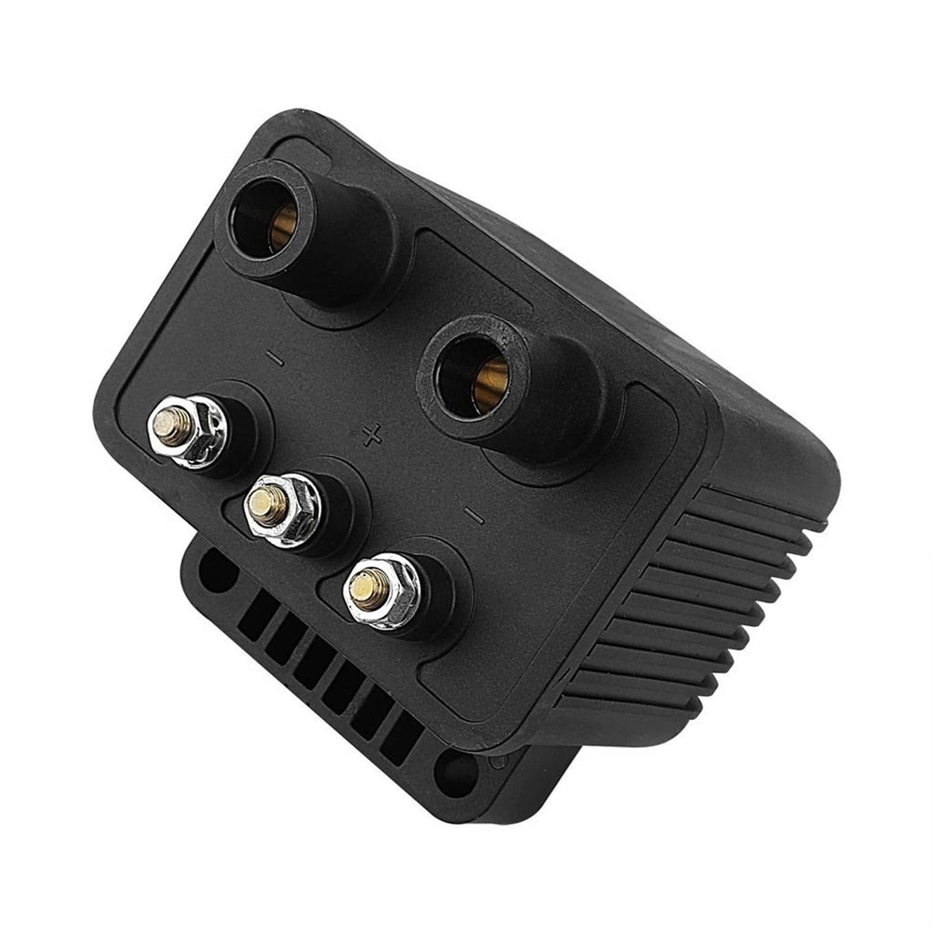 Black programmable ignition control module with three terminals and mounting slots
