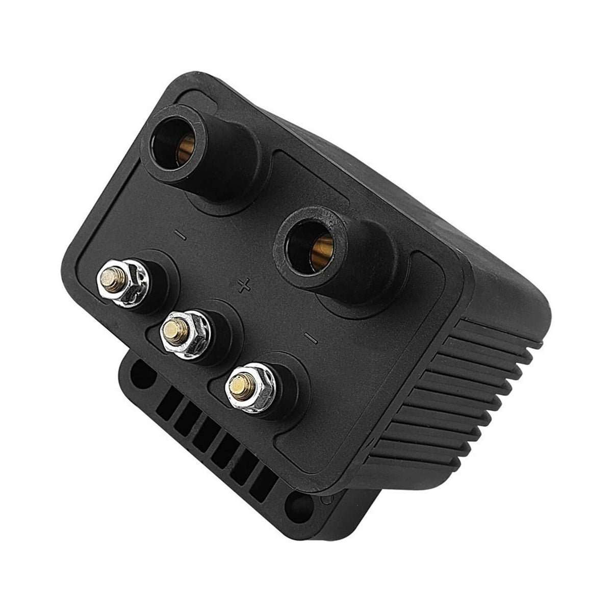 Black programmable ignition control module with three terminals and mounting slots