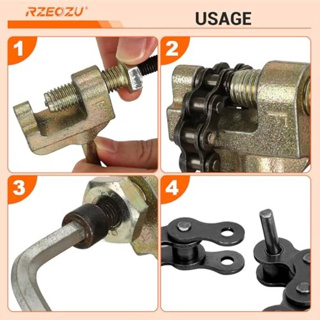 Motorcycle chain breaker tool usage steps showing clamp, bolt, and link pin parts