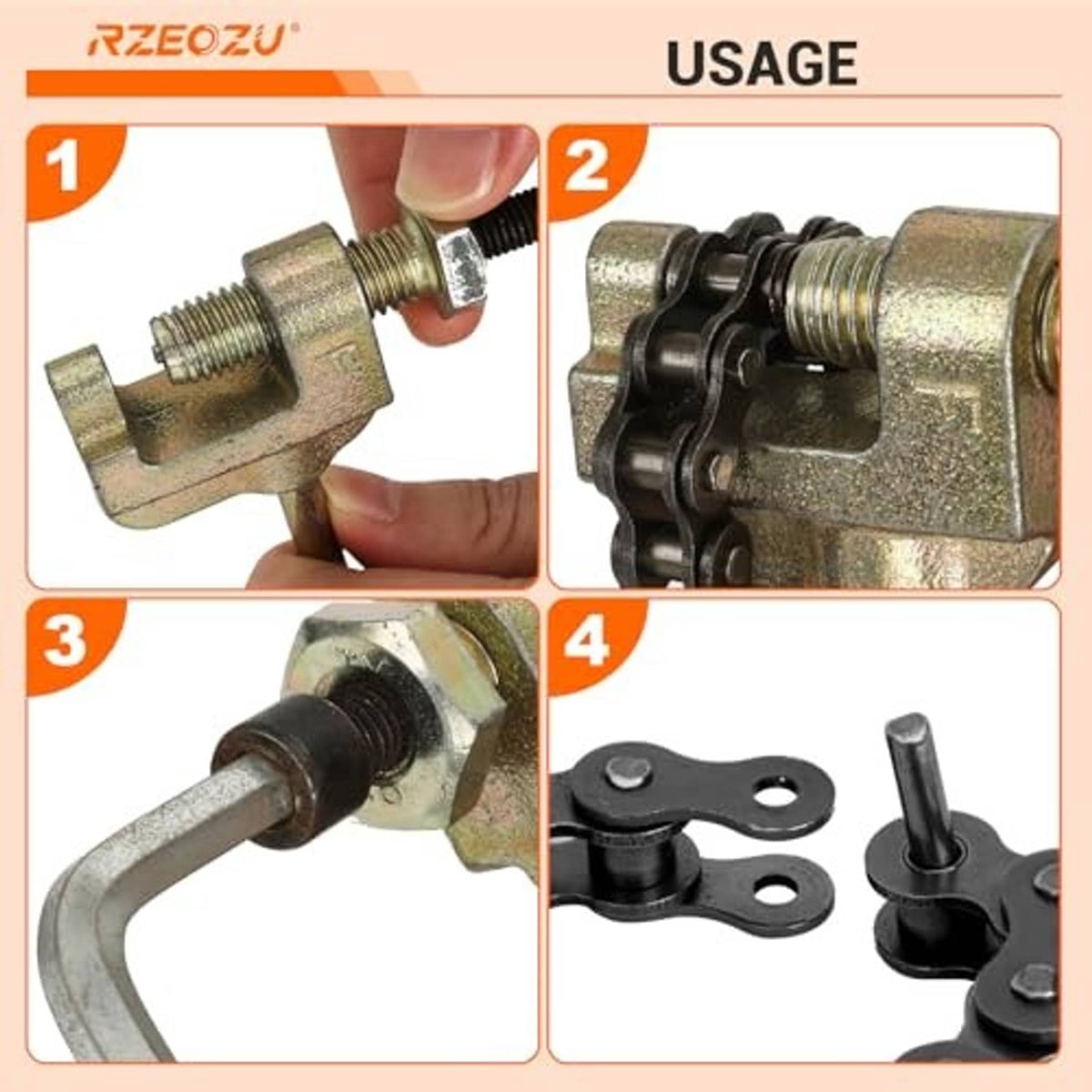 Motorcycle chain breaker tool usage steps showing clamp, bolt, and link pin parts