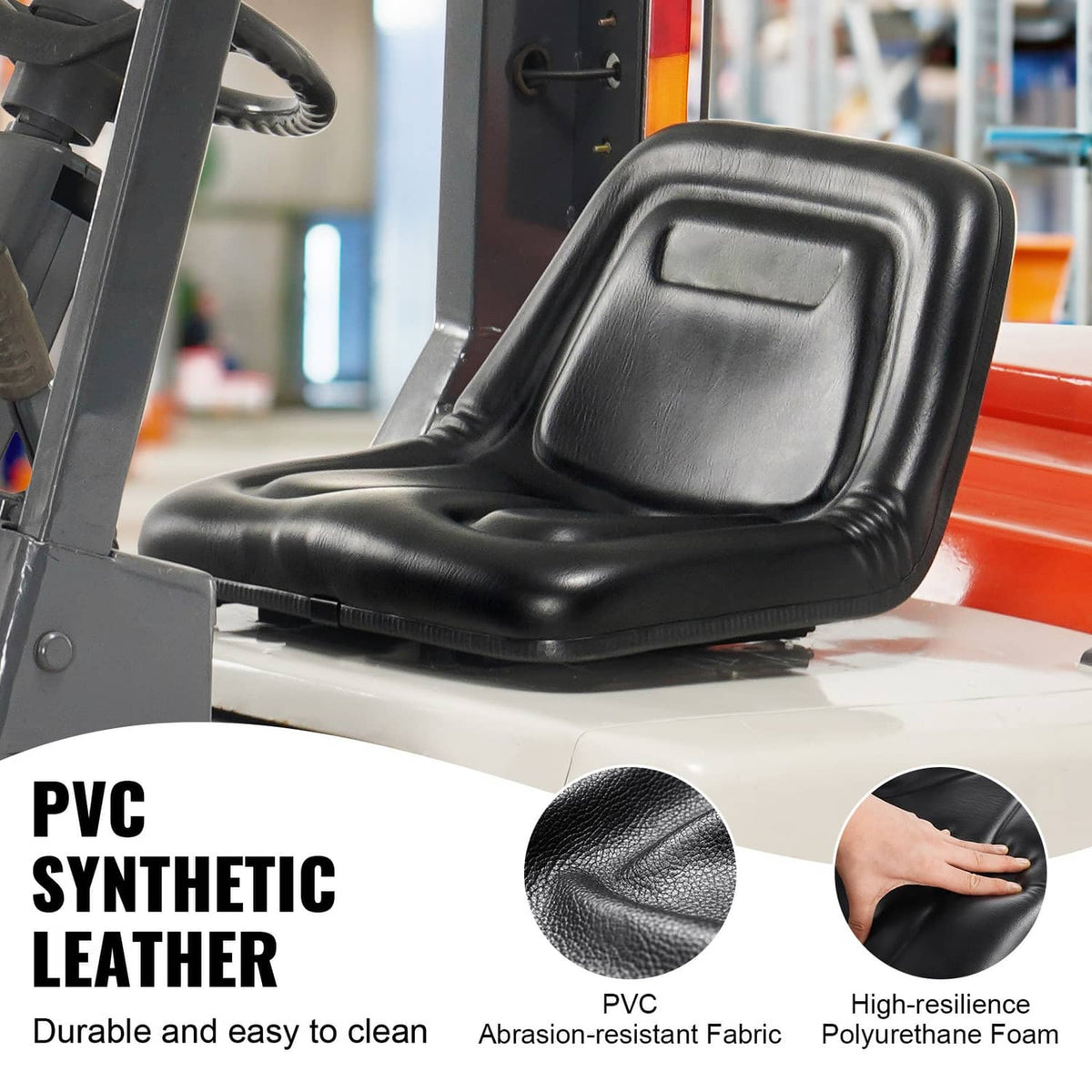 Black PVC synthetic leather-style forklift seat on operator platform