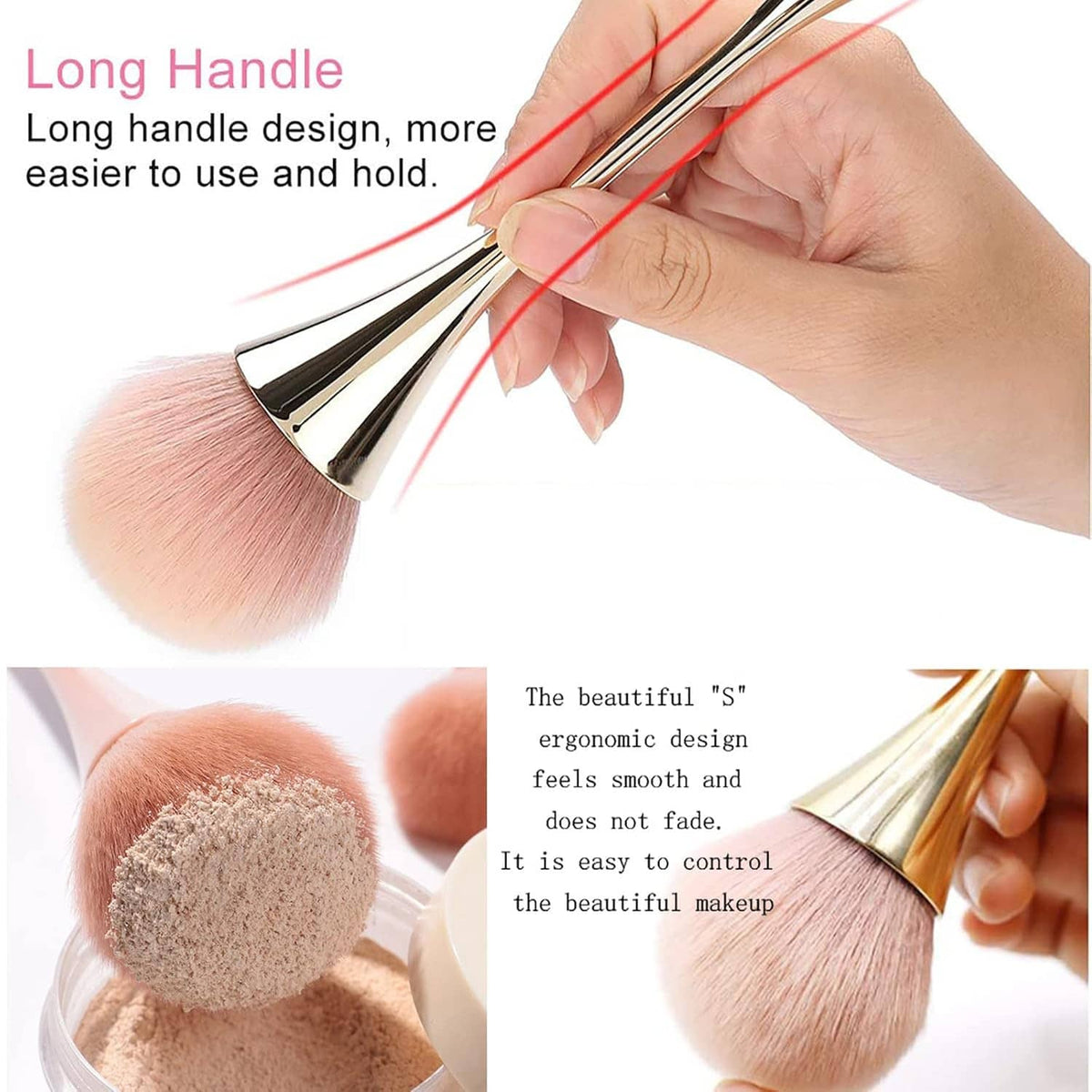Long-handled nail dust removal brushes, pink bristles on gold and black handles