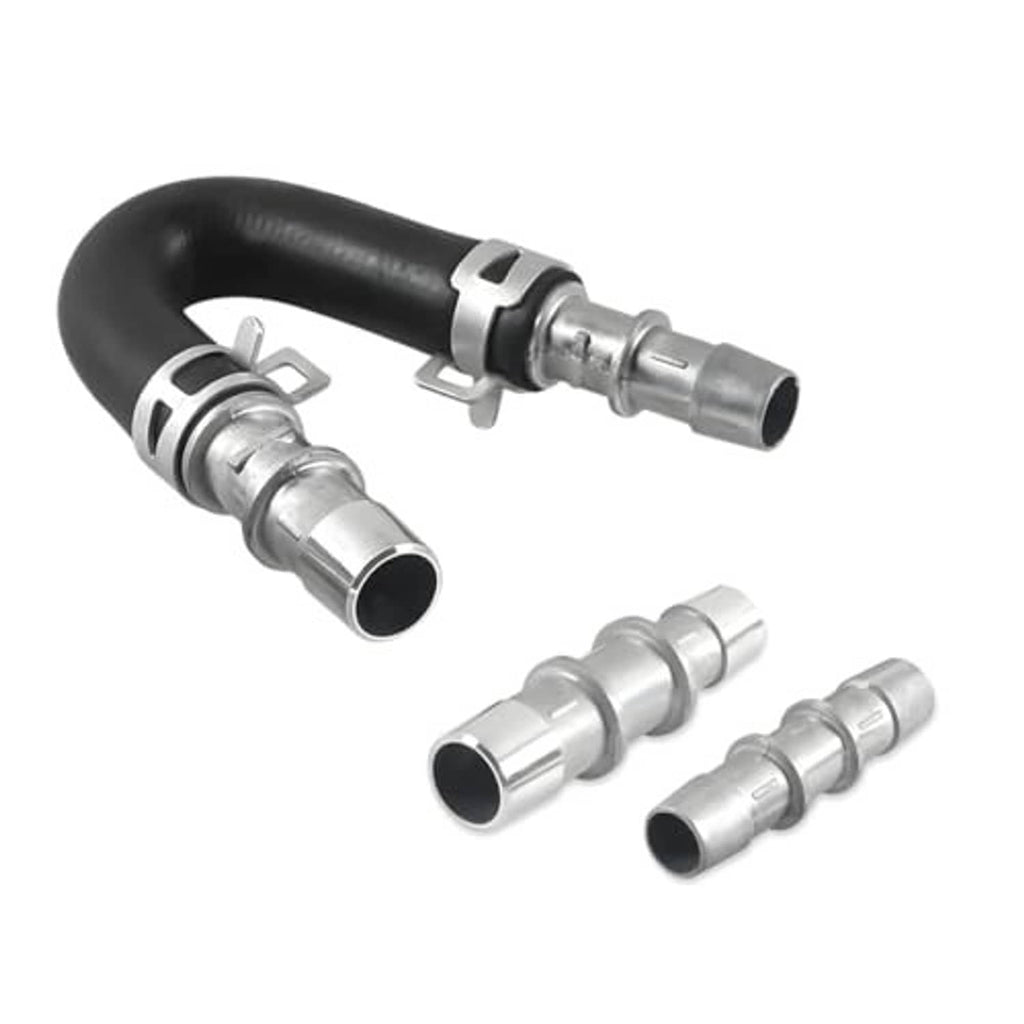 Heater core bypass hose set with black rubber line and silver connectors, multiple sizes