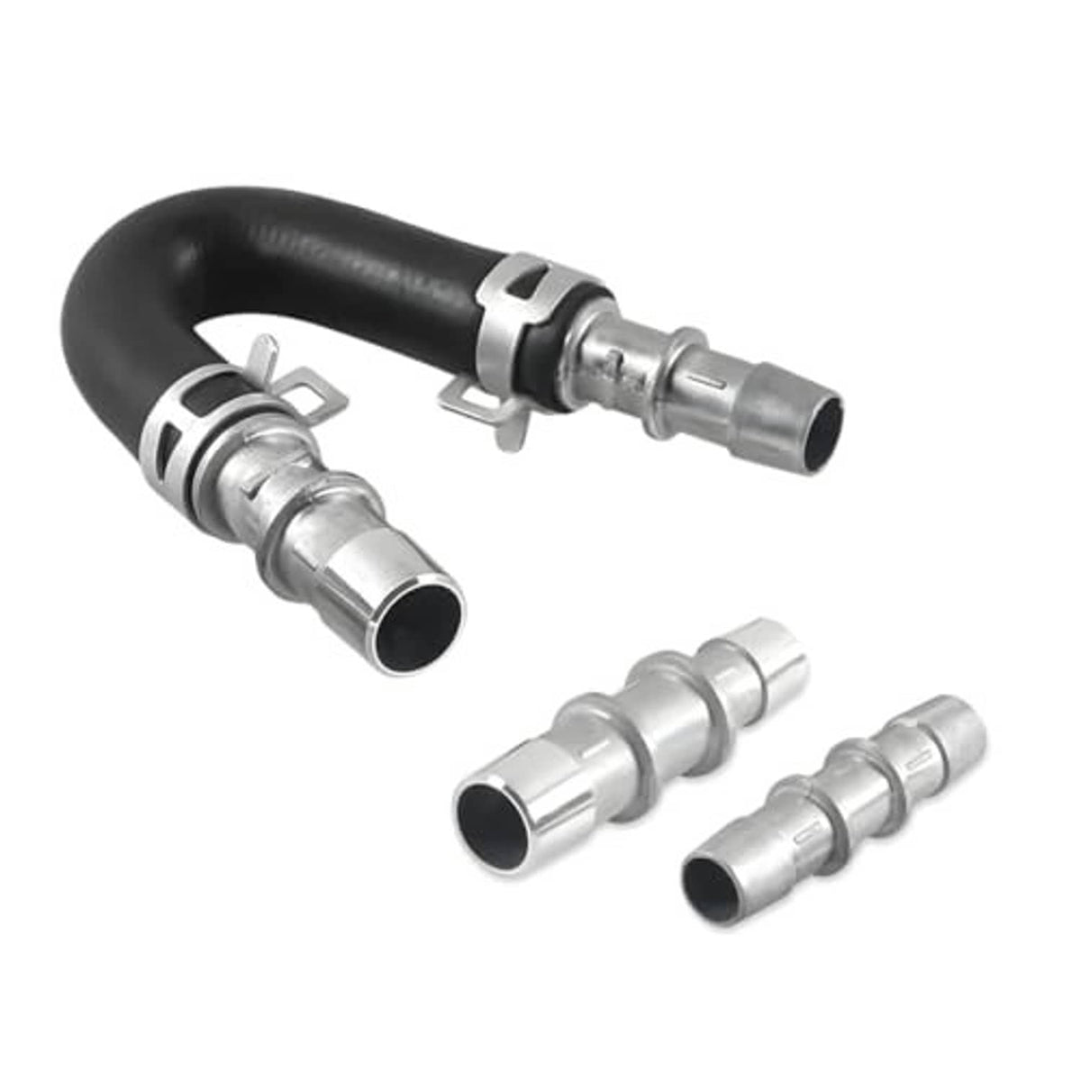 Heater core bypass hose set with black rubber line and silver connectors, multiple sizes