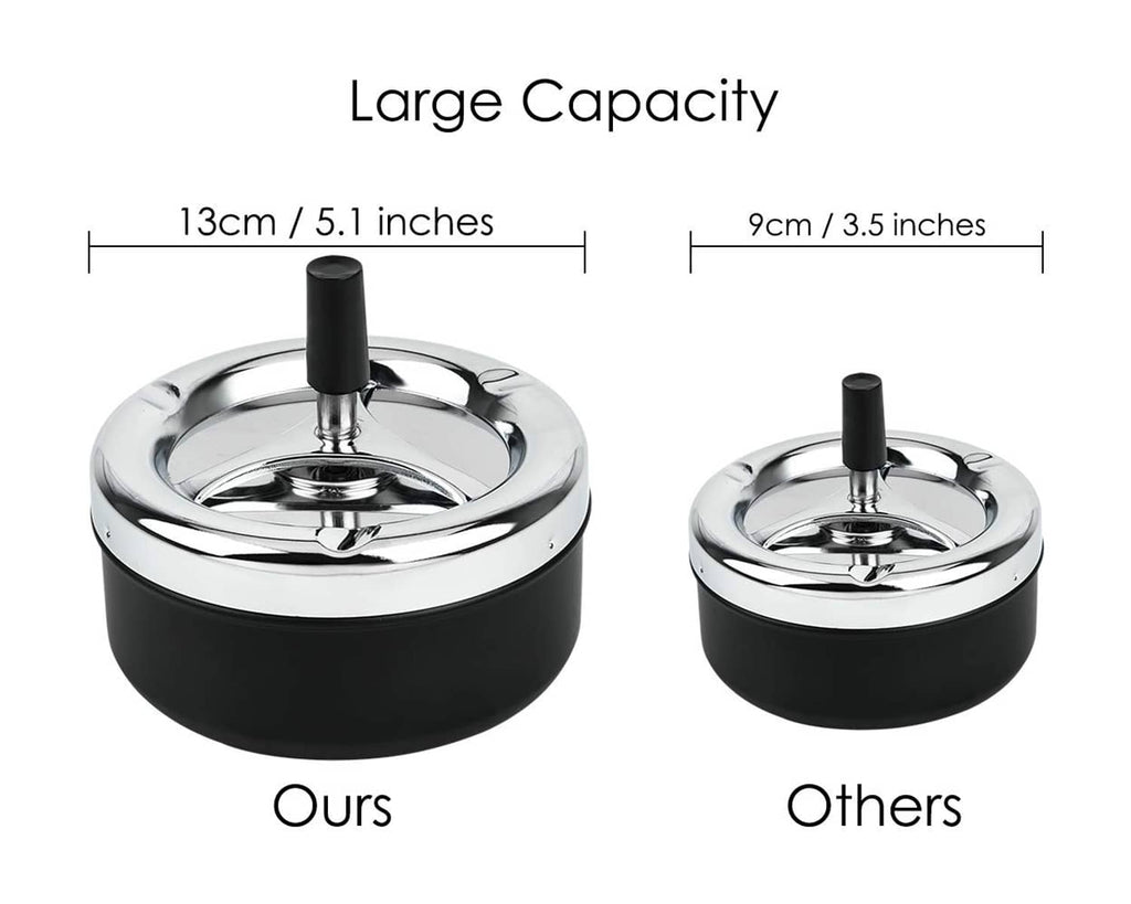 Black round ashtray with spinning metal tray, upright holder; two size views shown