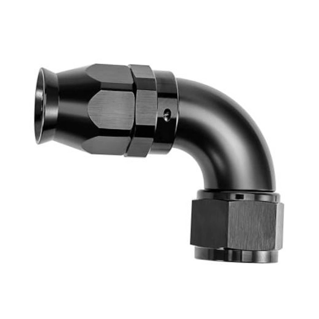 Black 6AN 90-degree aluminum elbow hose end fitting with smooth curved tube and hex nut