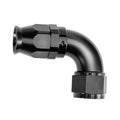 Black 6AN 90-degree aluminum elbow hose end fitting with smooth curved tube and hex nut