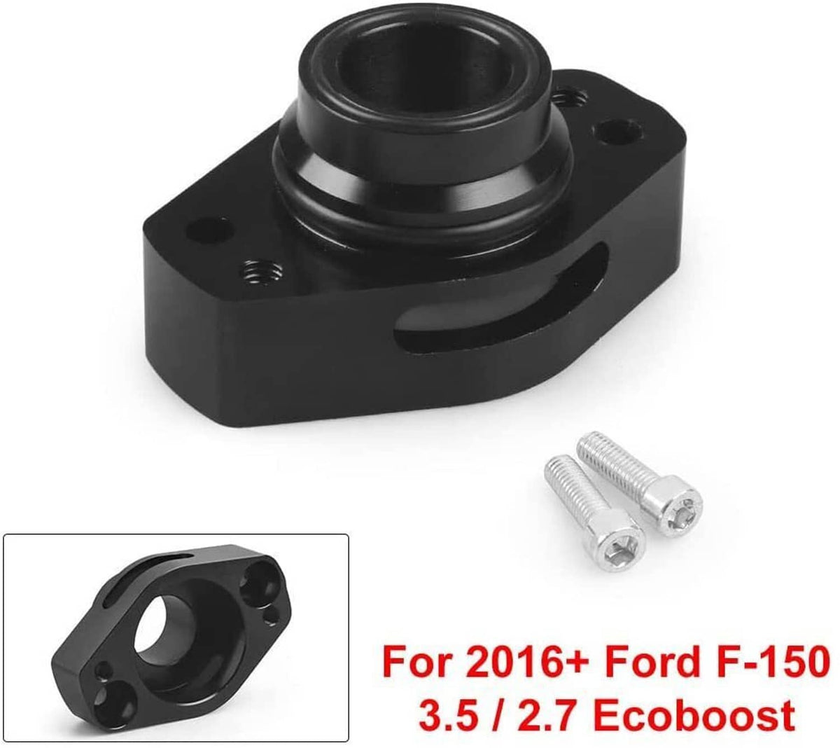 Black turbo blow off valve adapter with flange, inner port, and included bolts