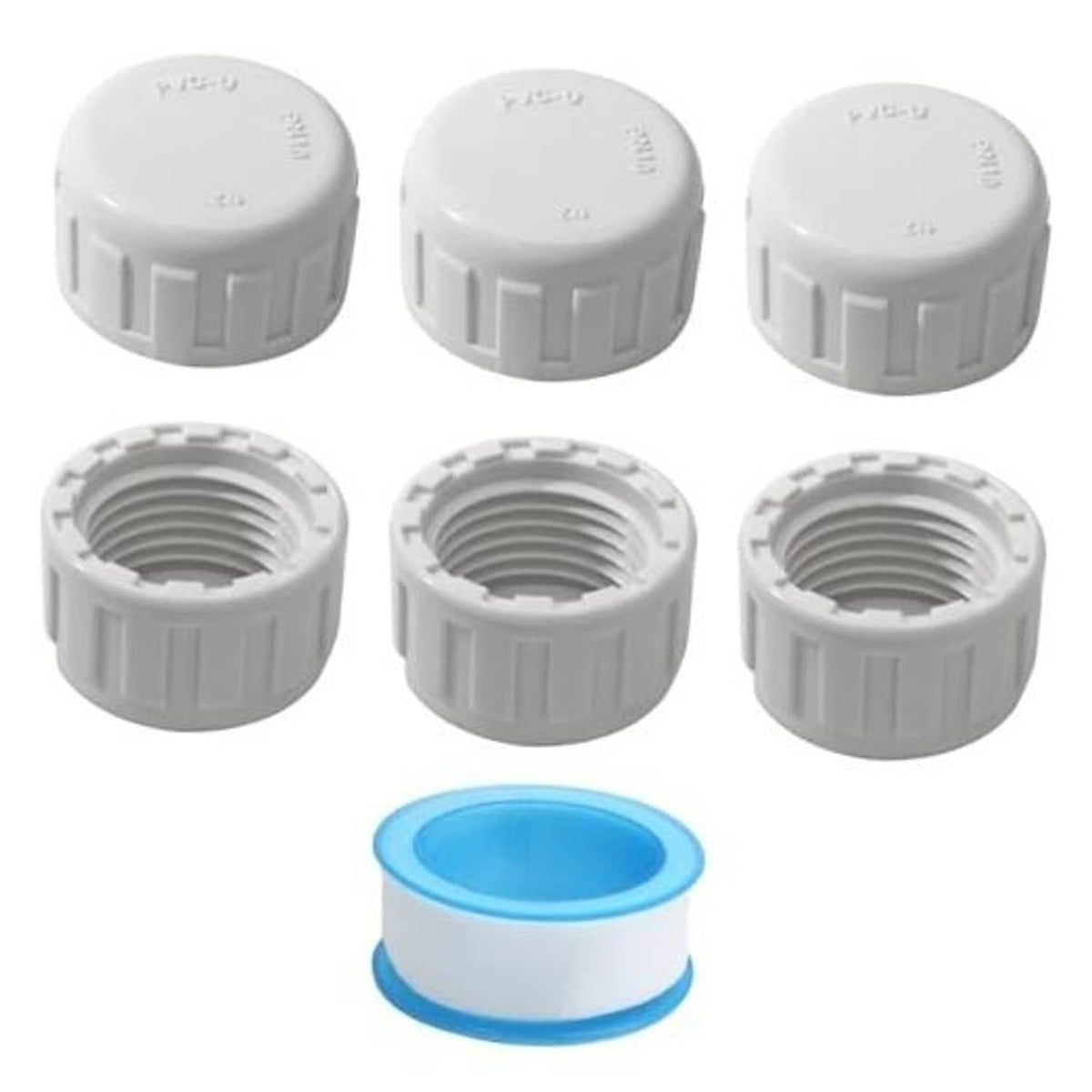 Set of 6 white PVC pipe end caps with internal threads and blue seal ring
