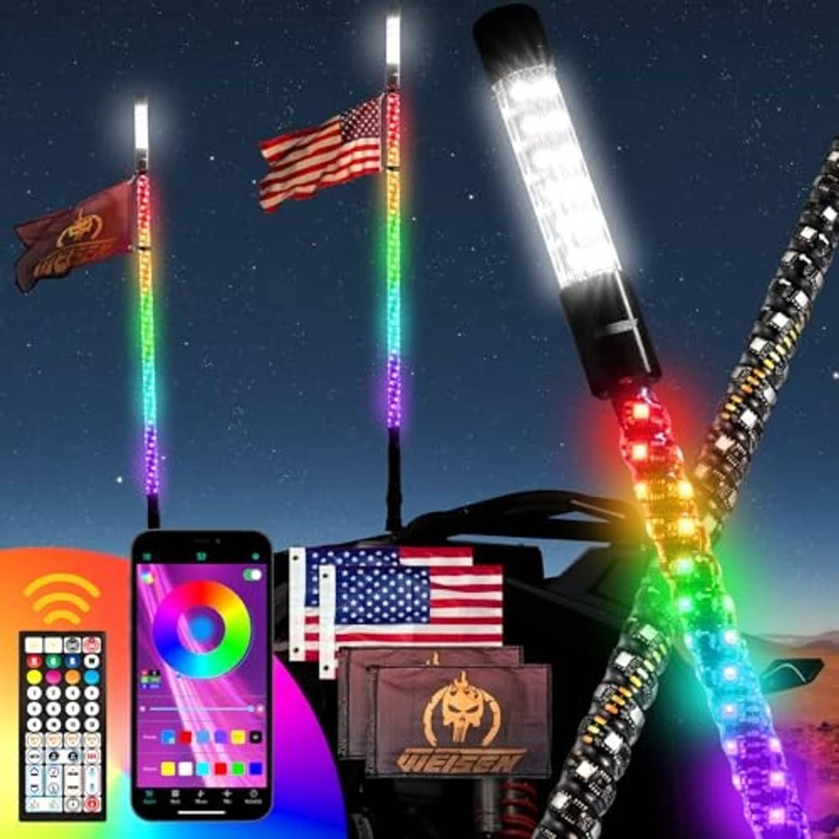 RGB LED whip lights on vehicle, antenna spiral chasing lights and app remote
