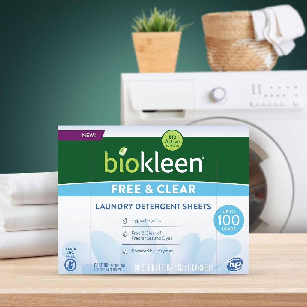 Biokleen Free & Clear laundry detergent sheets box, up to 100 loads
