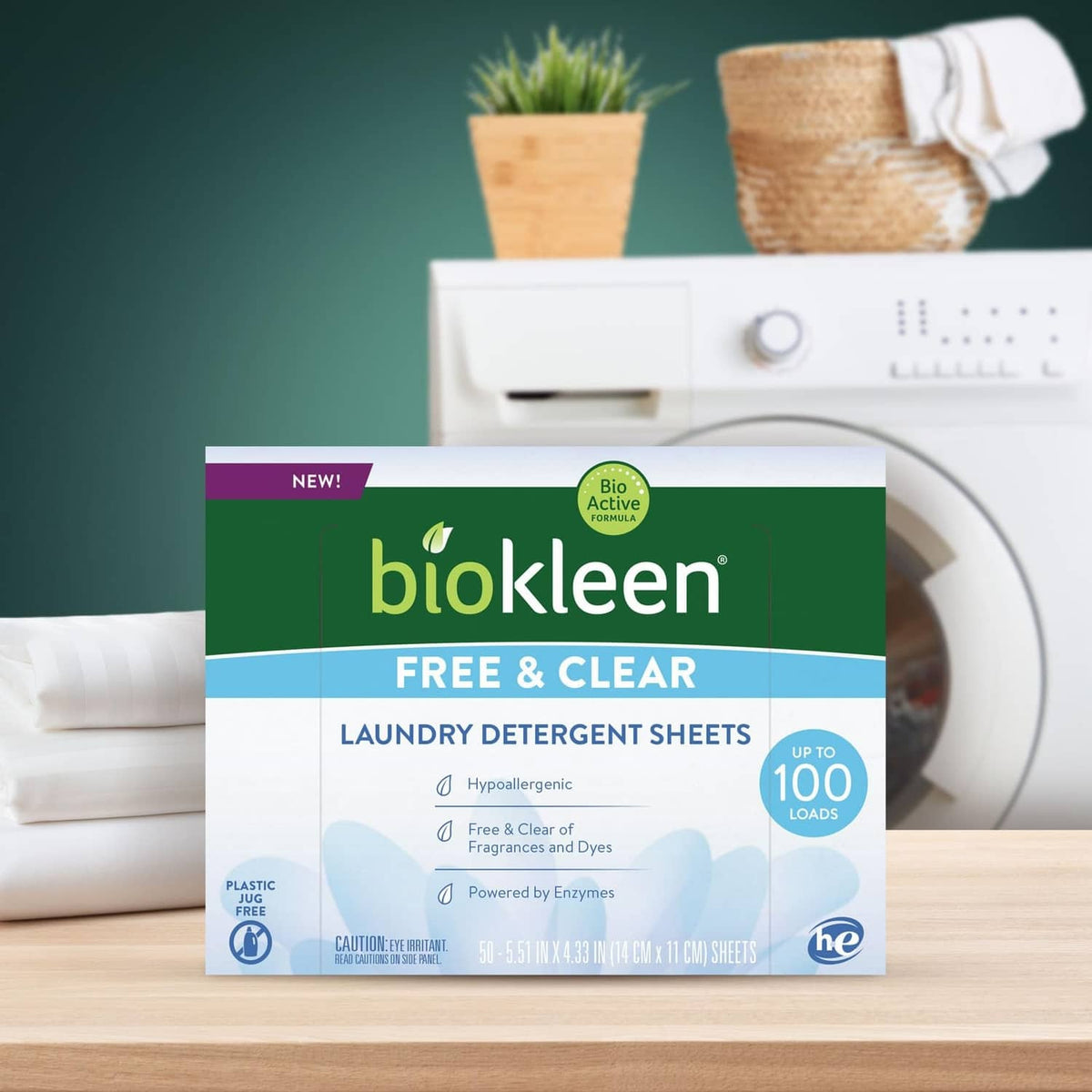 Biokleen Free & Clear laundry detergent sheets box, up to 100 loads