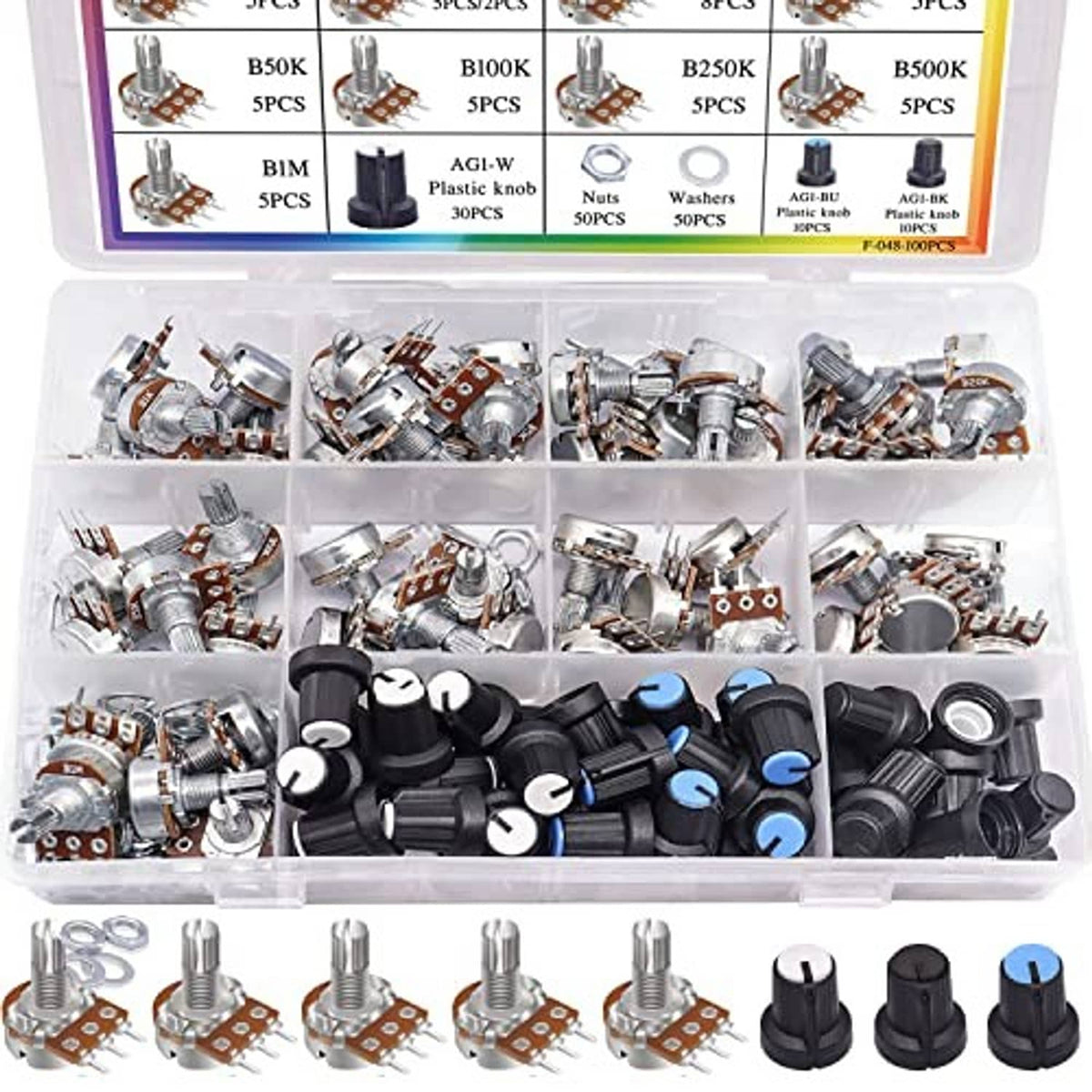 Potentiometer kit assortment with rotary potentiometers and black plastic knob caps in tray