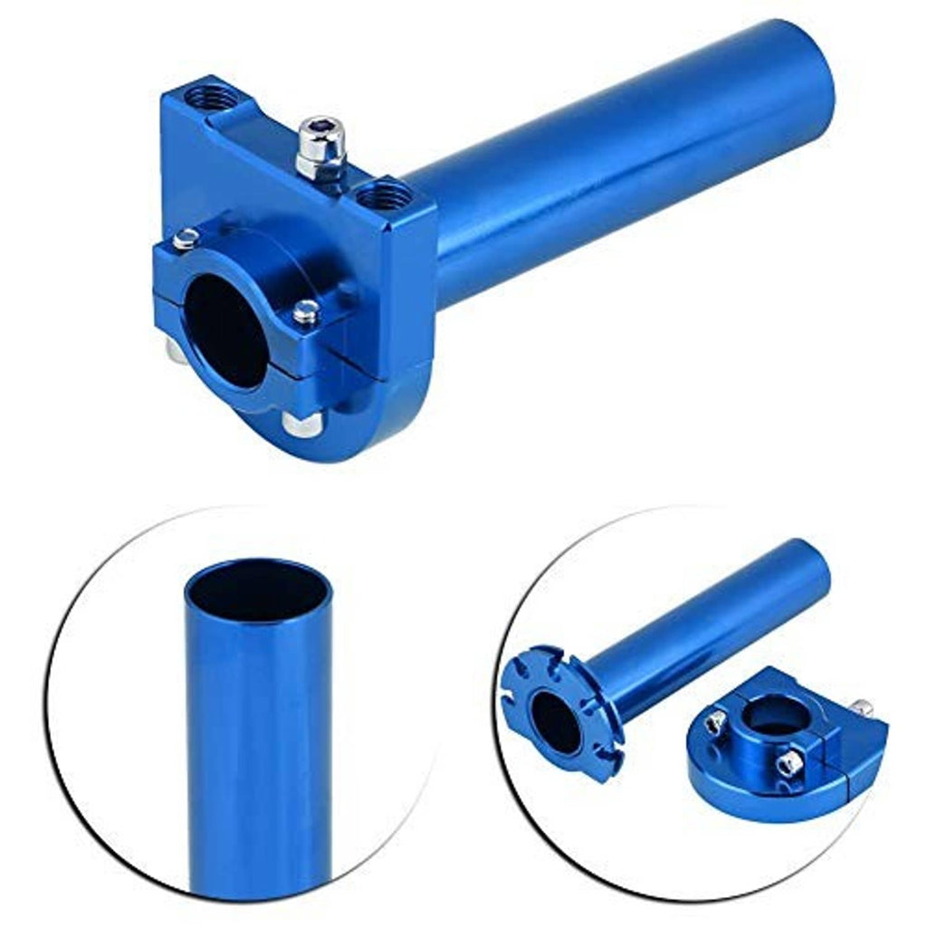 Blue handlebar throttle tube with base mount and inset detail of the bar opening