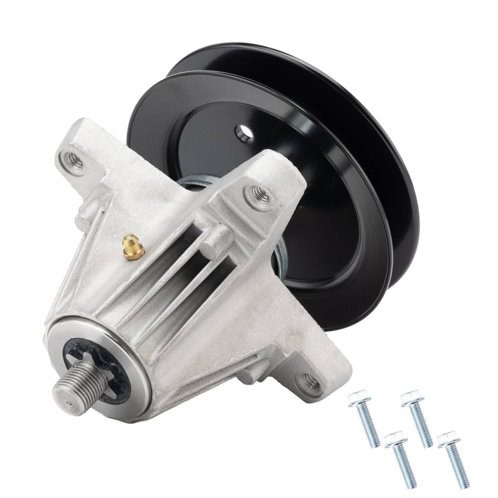 Side view of deck spindle assembly with silver housing and black pulley wheel