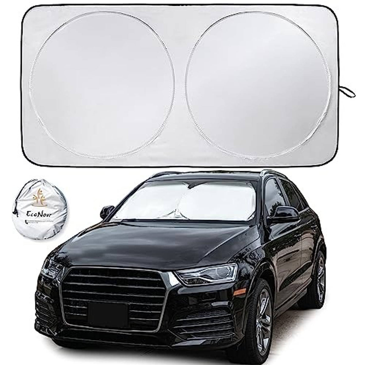 Small two-panel circular car windshield sun shade with matching storage pouch