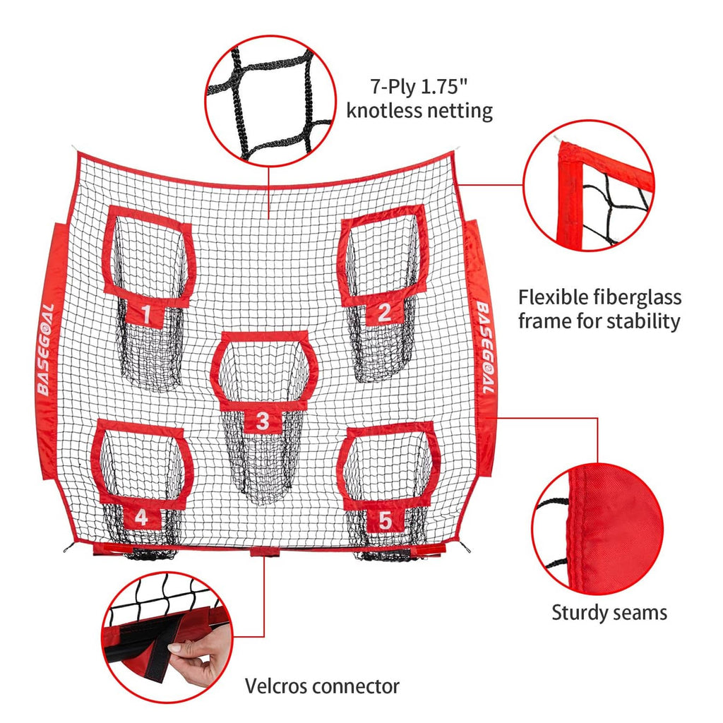 Red football replacement net with black knotless netting and flexible frame support