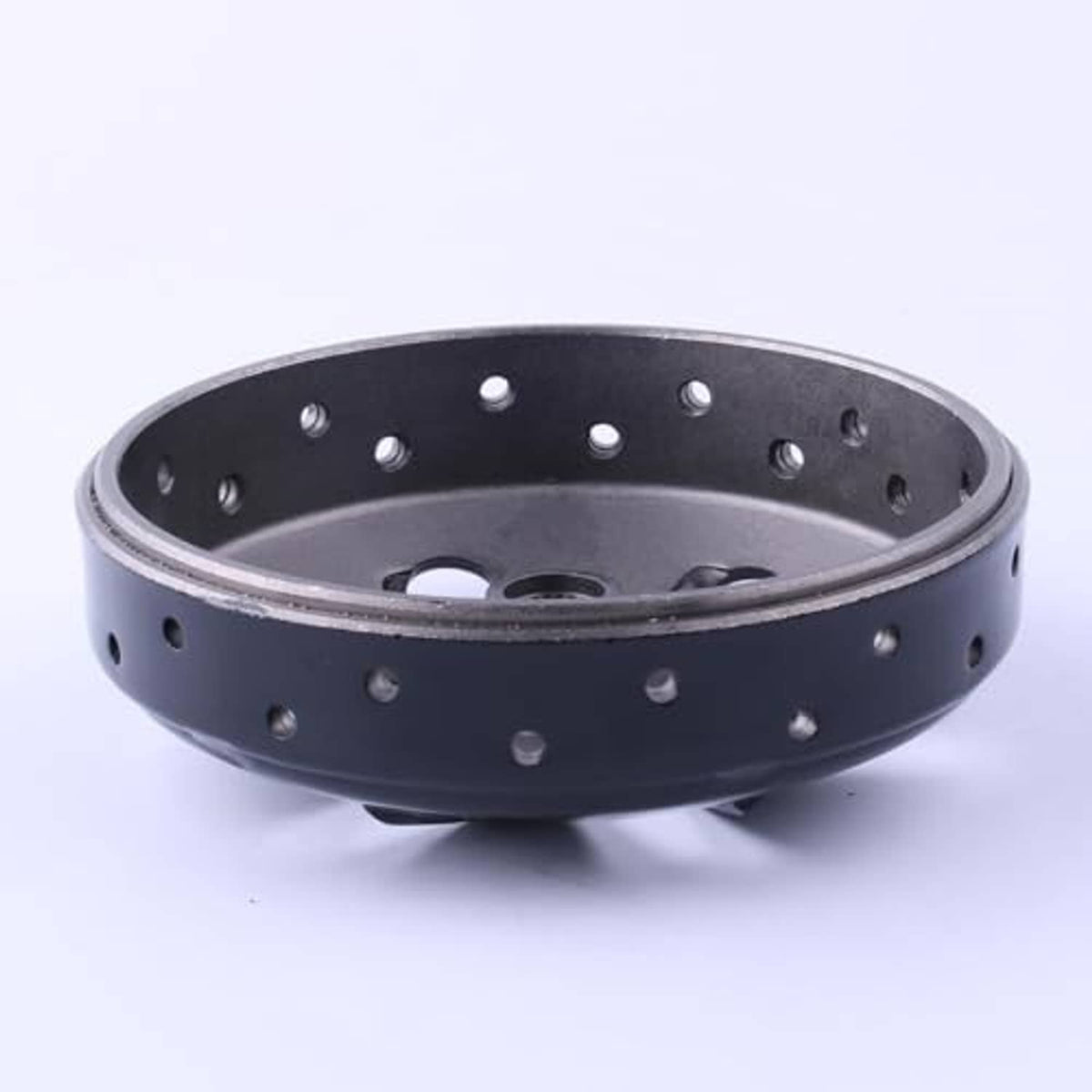Clutch bell drum, dark metal ring with evenly spaced bolt holes and central mounting