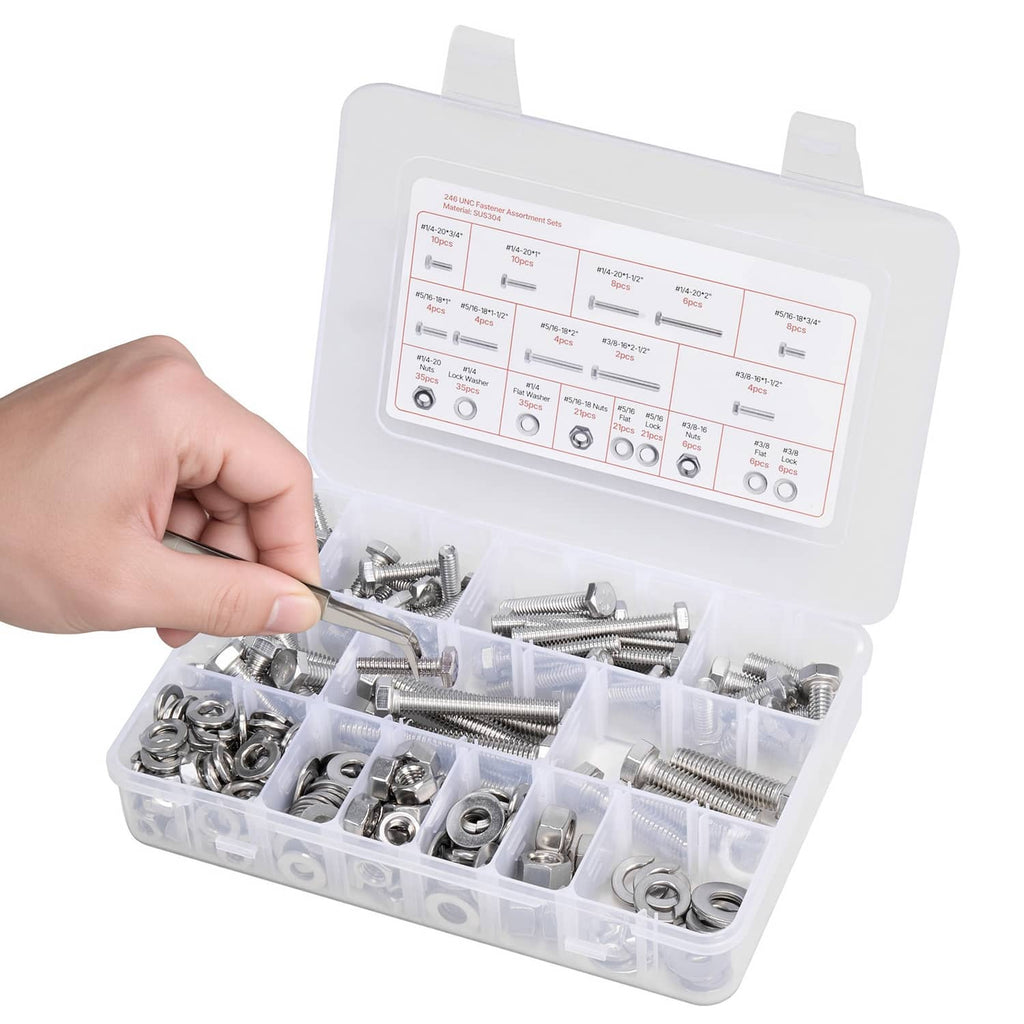 Stainless steel bolt and nut assortment kit in clear compartment organizer with label panel