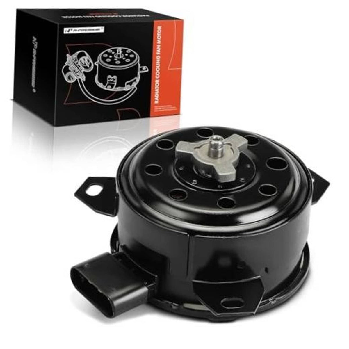 Black radiator fan motor with metal shaft and circular mounting plate