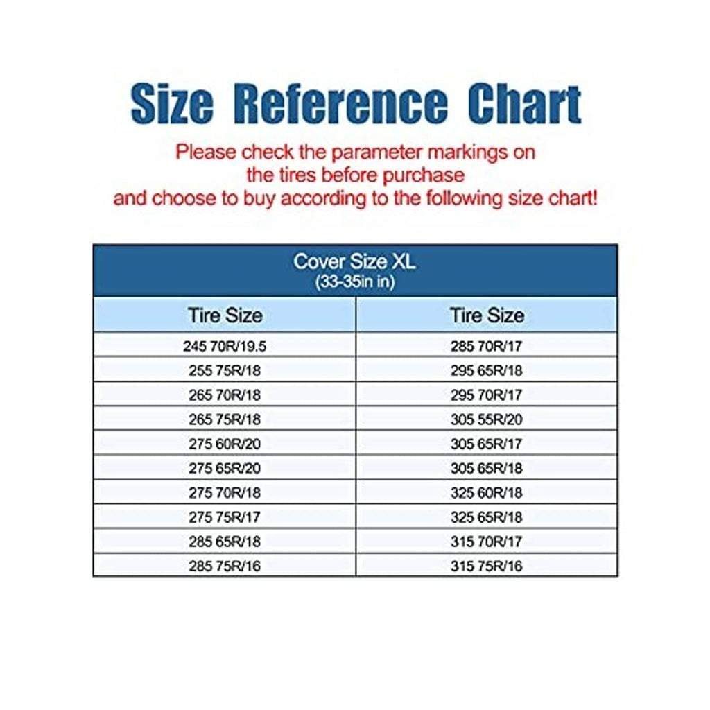 RV tire cover size reference chart for Cover Size XL, tire size ranges listed