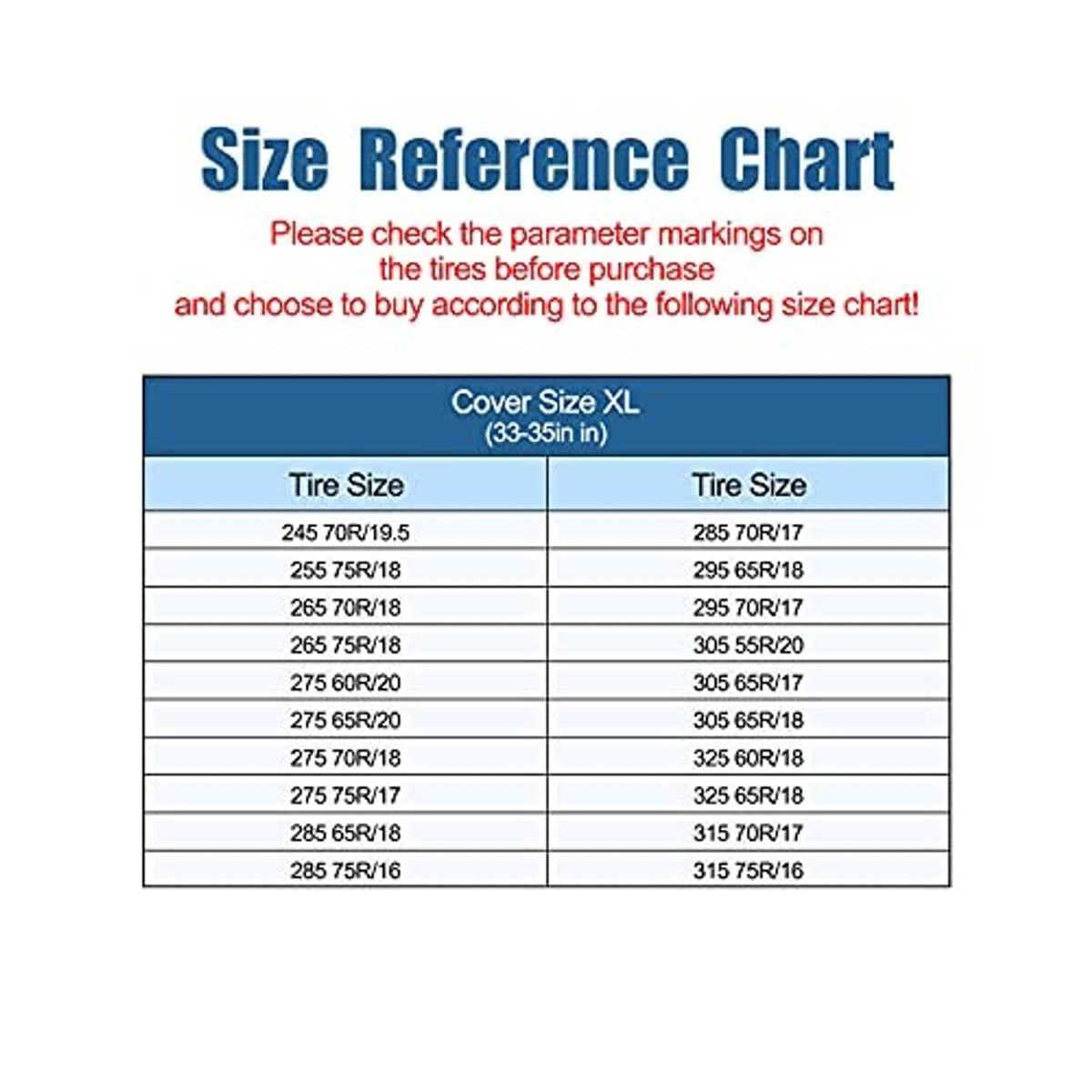 RV tire cover size reference chart for Cover Size XL, tire size ranges listed