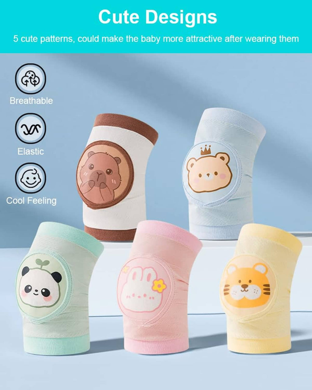 Assorted baby knee pads with animal prints in pink, blue, white, and brown