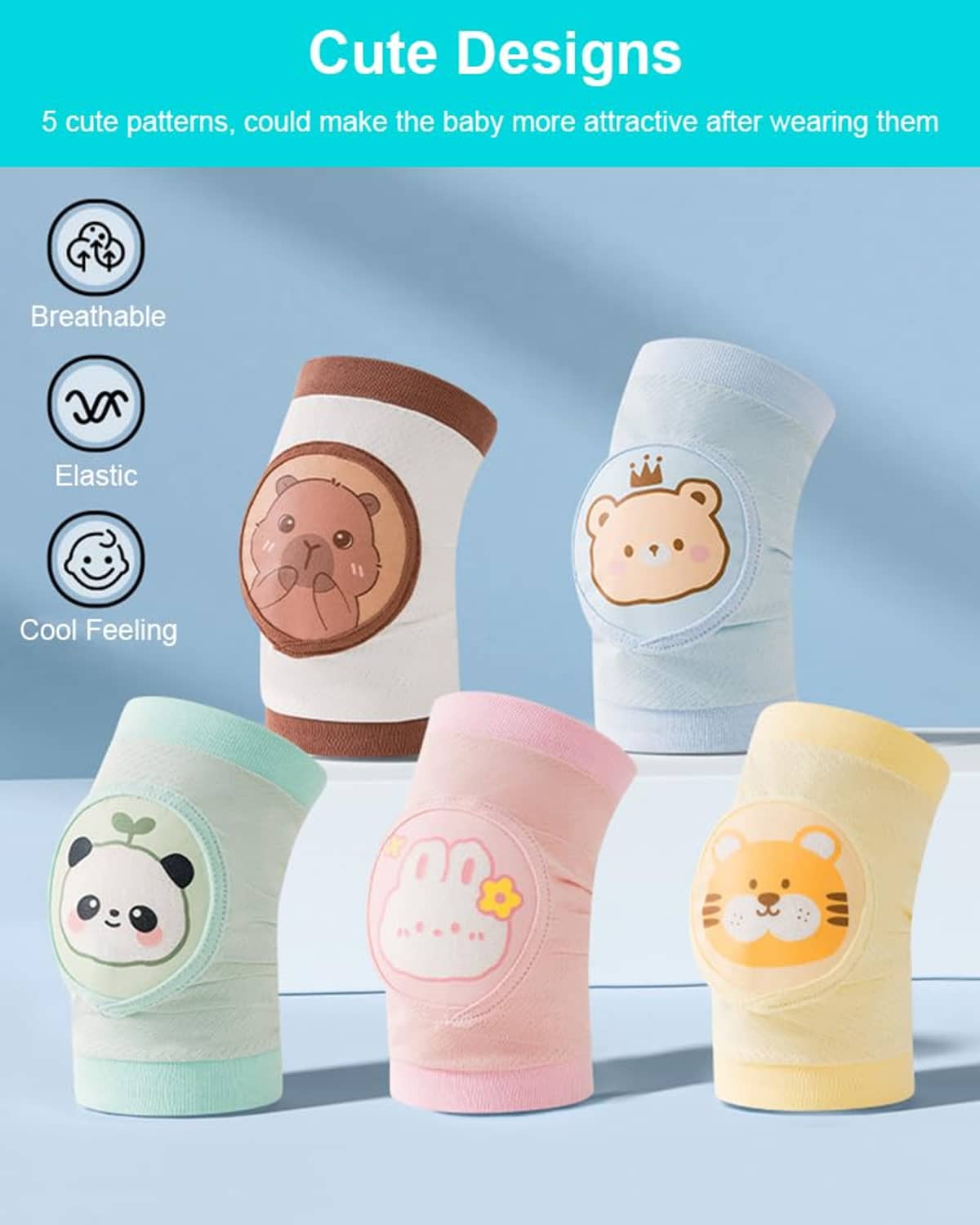 Assorted baby knee pads with animal prints in pink, blue, white, and brown