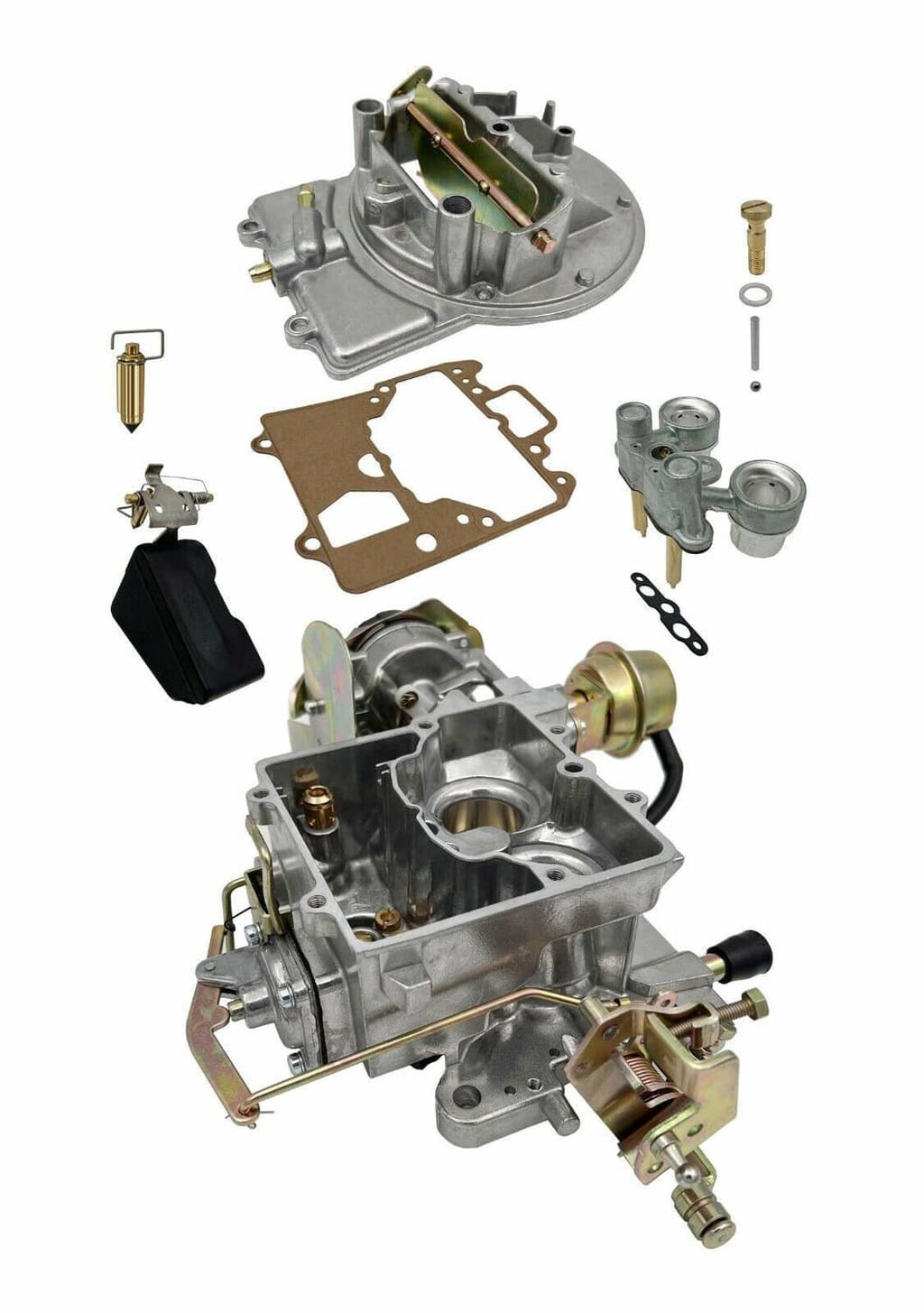 Carburetor kit parts display with two-barrel unit, gaskets, and small hardware pieces