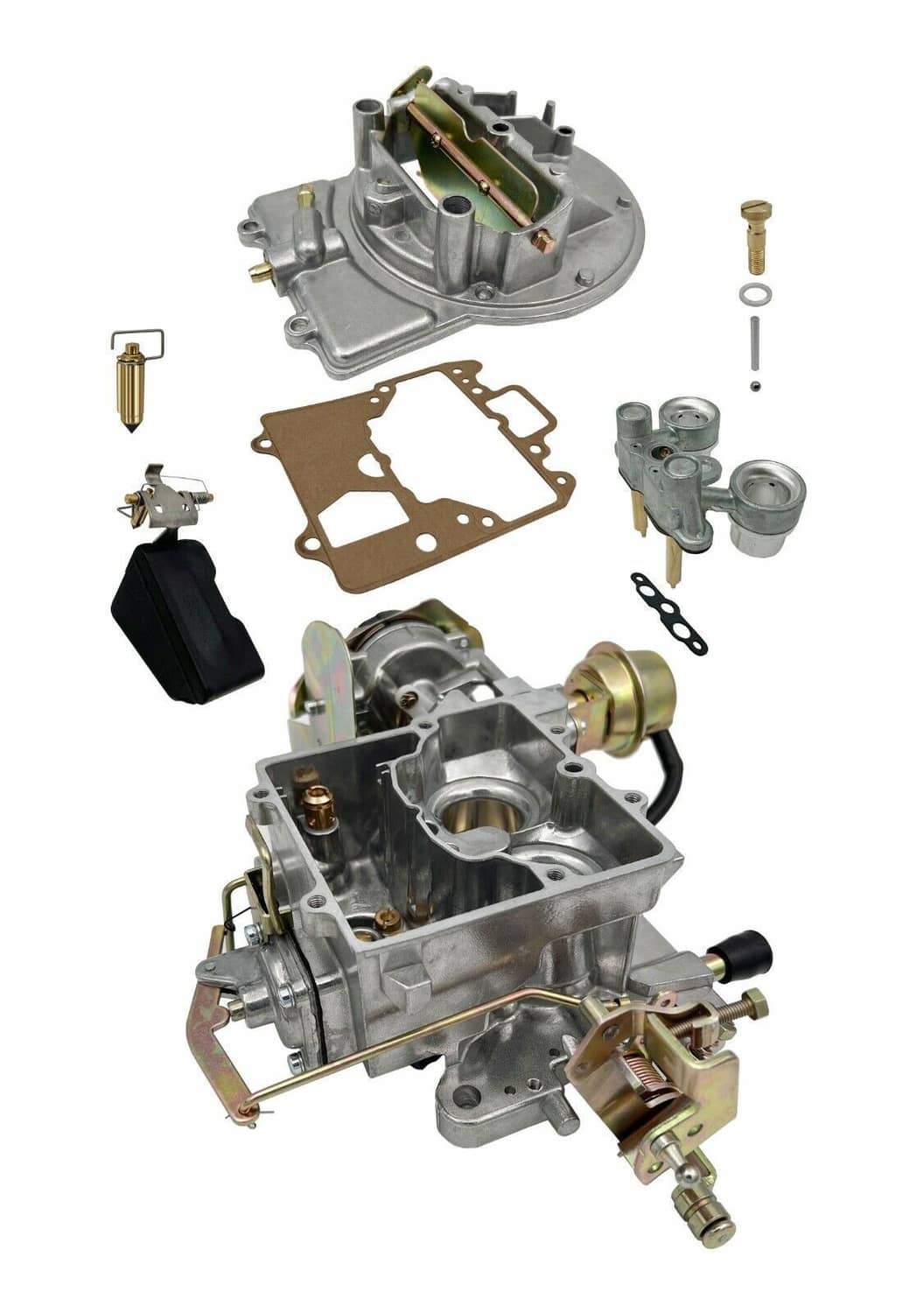 Carburetor kit parts display with two-barrel unit, gaskets, and small hardware pieces