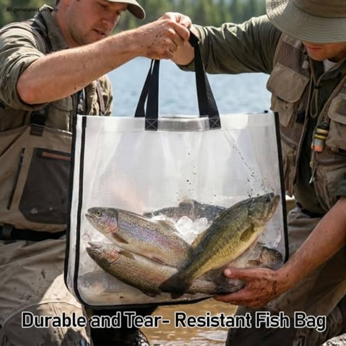 Transparent fish bag with black handles, filled with fresh fish and visible mesh pockets.