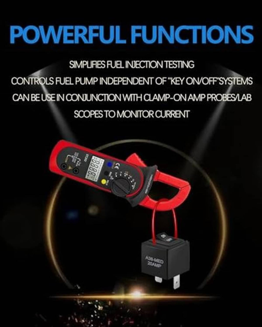 Red and black relay tester clamp tool with coiled lead and small bypass switch