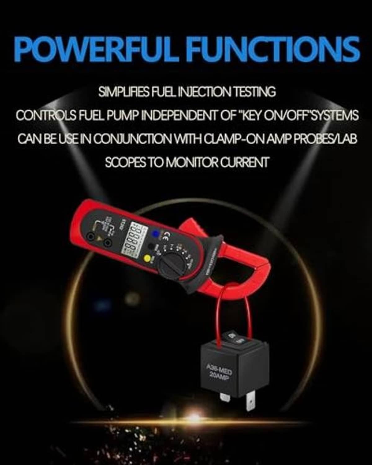 Red and black relay tester clamp tool with coiled lead and small bypass switch