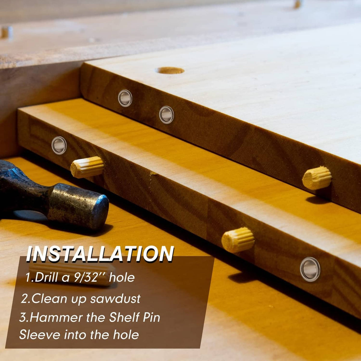 Silver shelf pin sleeves installed on a wooden shelf rail with drilled holes.