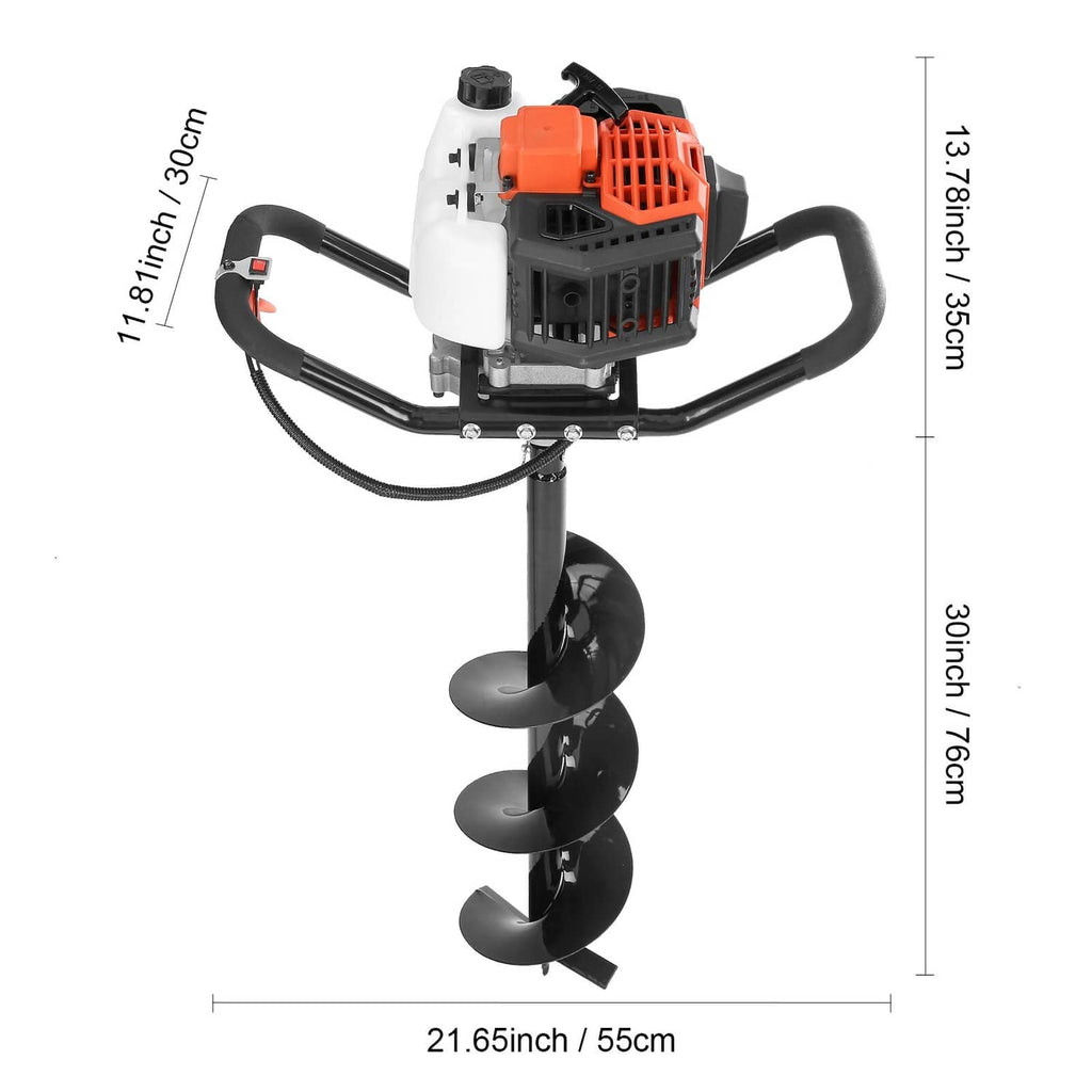 Gas powered earth digger with orange engine and black frame, featuring spiral auger bit