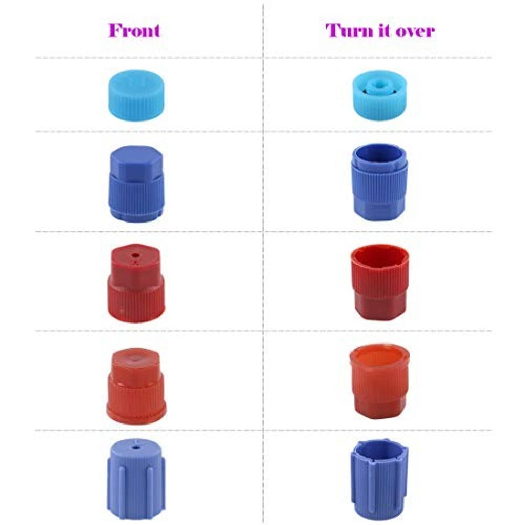 Assorted blue and red valve caps shown front and top views for fit