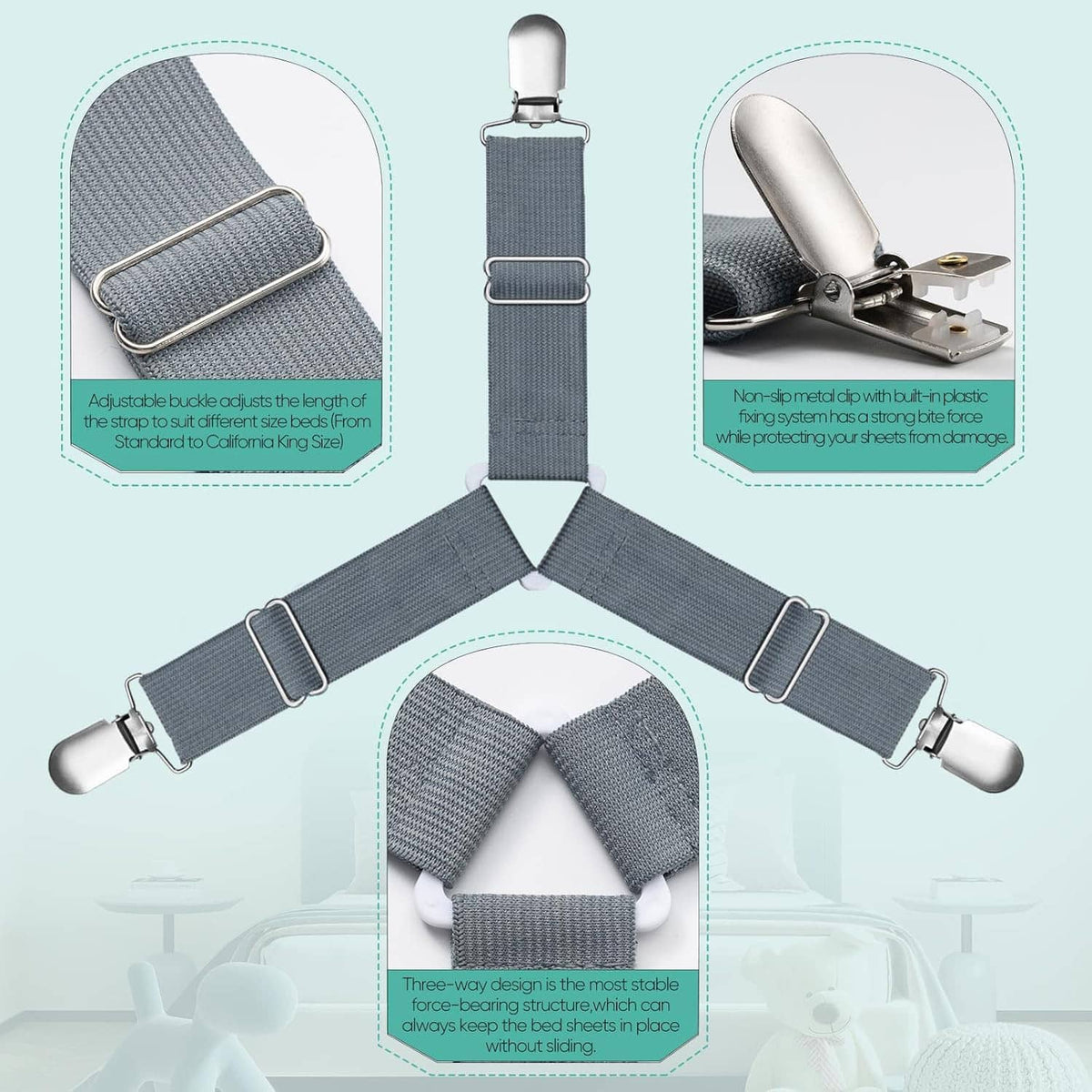 Fitted sheet strap set with adjustable buckle clips and three-piece corner design