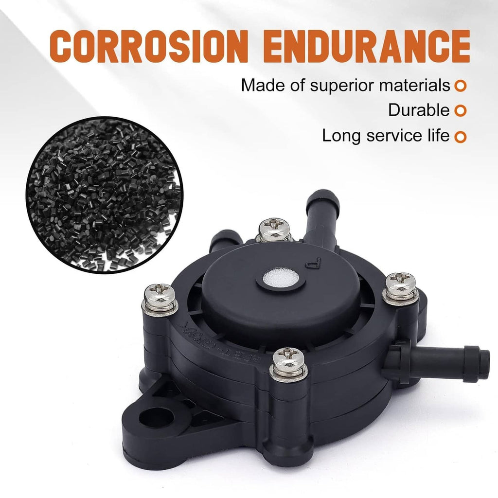 Black fuel pump with four mounting screws, corrosion-resistant design close-up