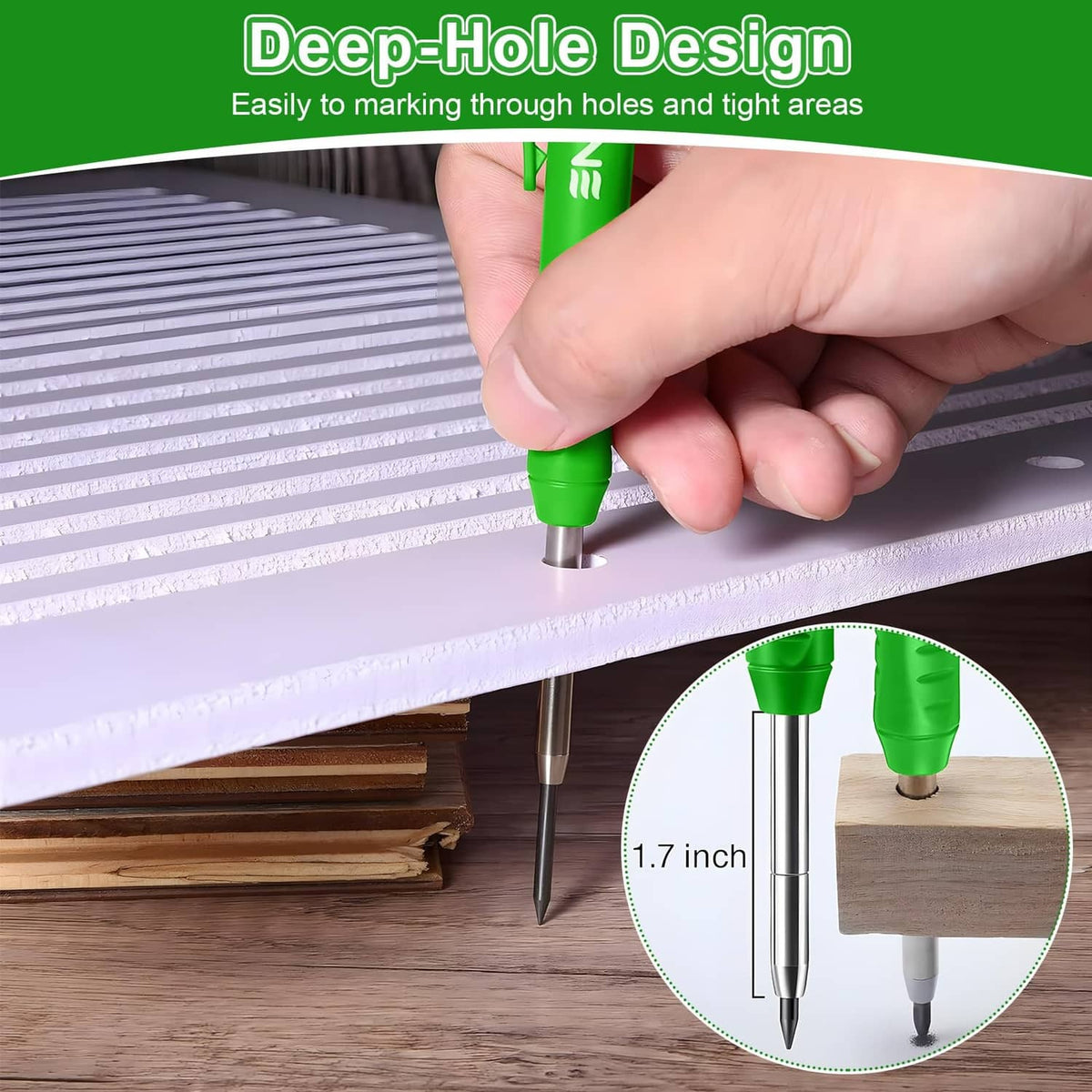 Hand using a green carpenter pencil with built-in sharpener tip on a board