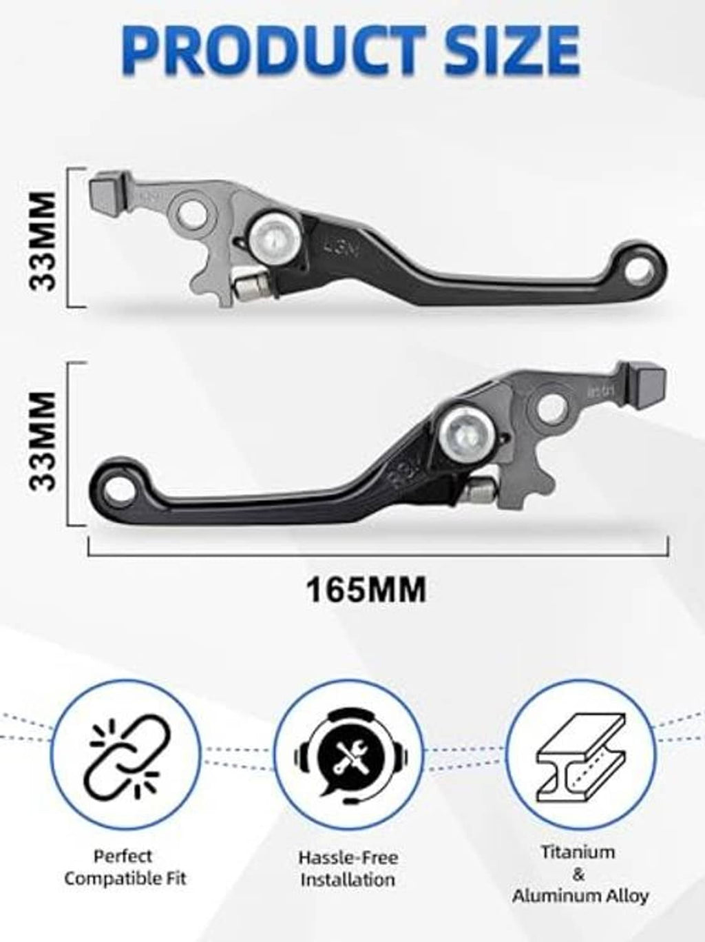 Brake and clutch lever pair with size diagram, silver and black adjustable design