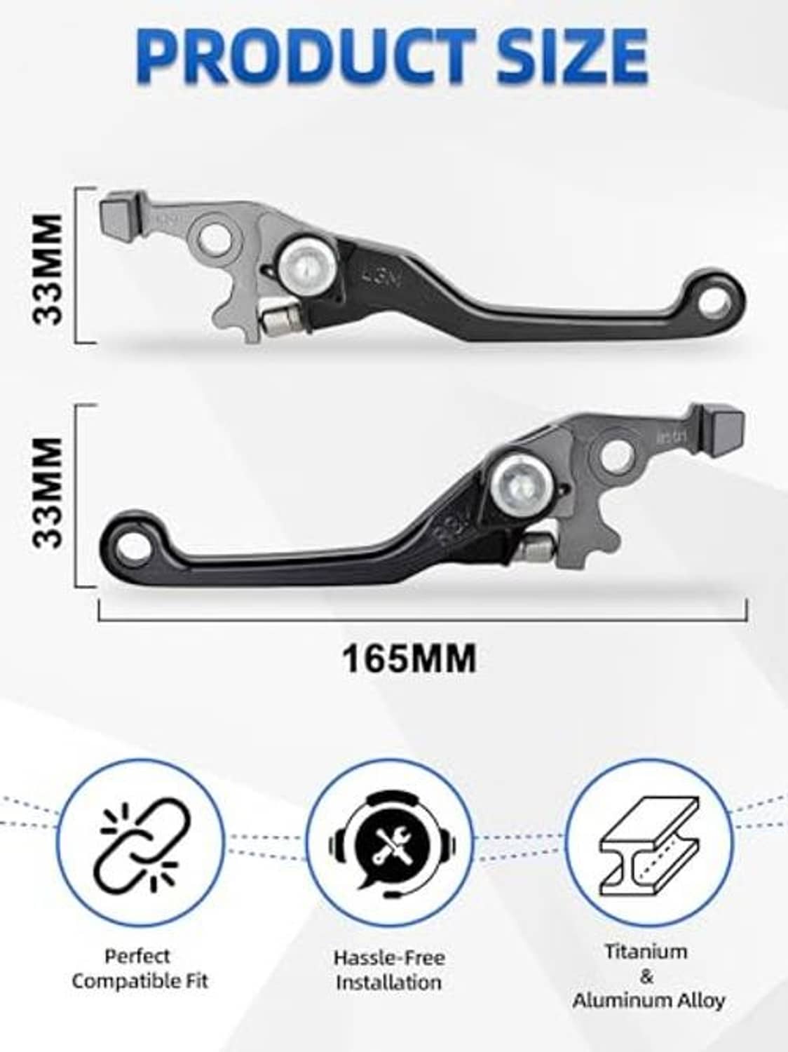 Brake and clutch lever pair with size diagram, silver and black adjustable design