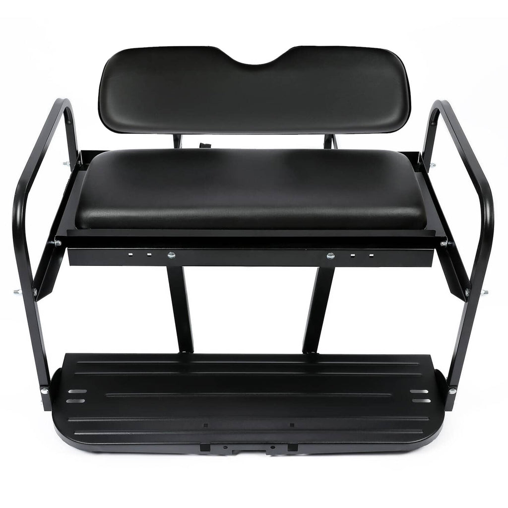 Black flip-folding rear back seat kit with contoured headrest and cushioned bench