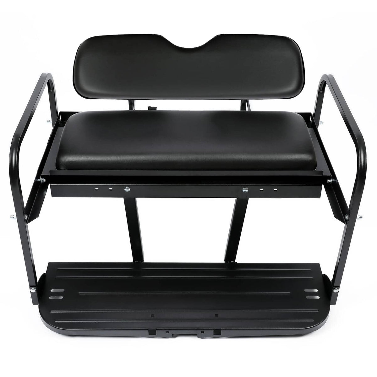 Black flip-folding rear back seat kit with contoured headrest and cushioned bench