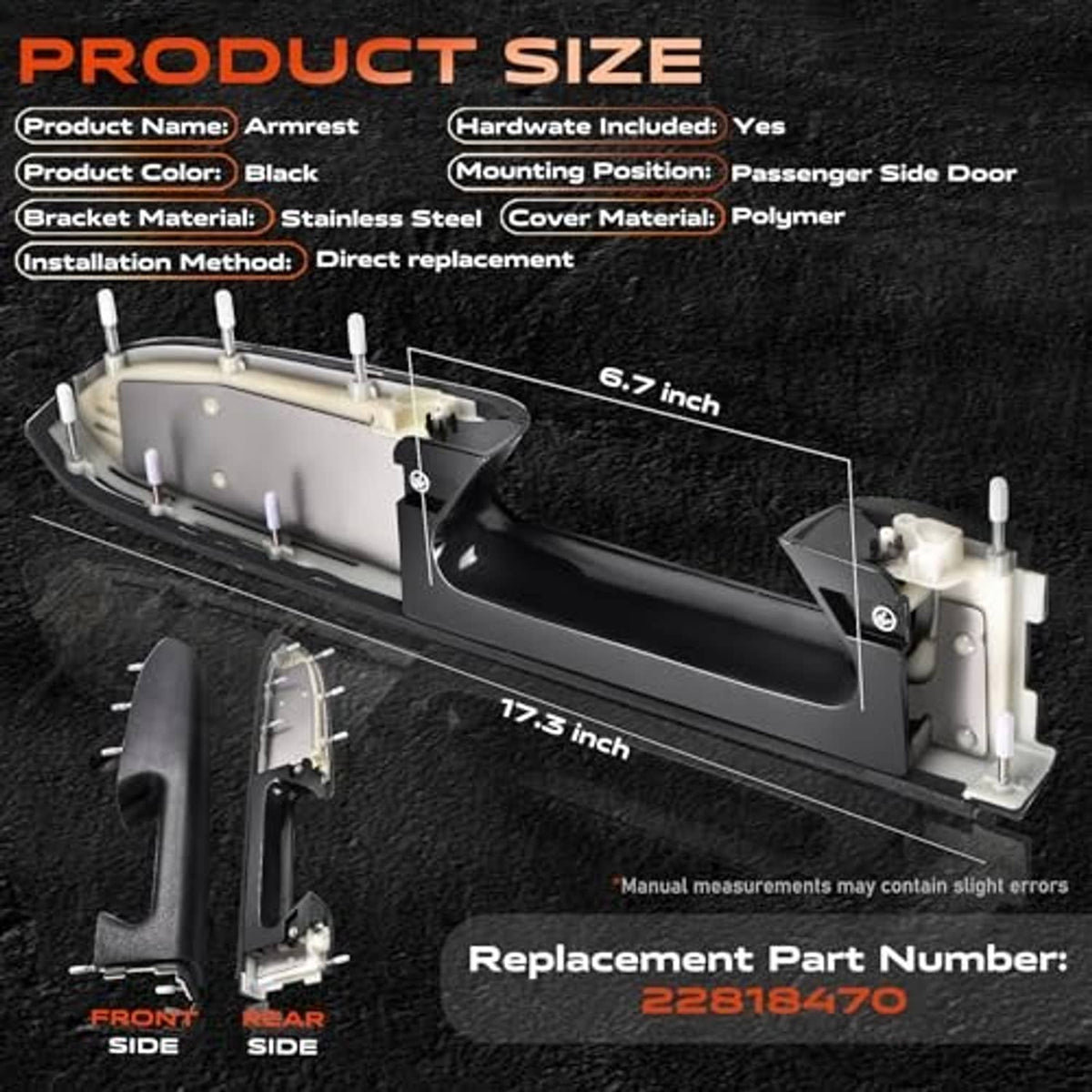 Black passenger side door armrest replacement diagram with bracket and mounting pins